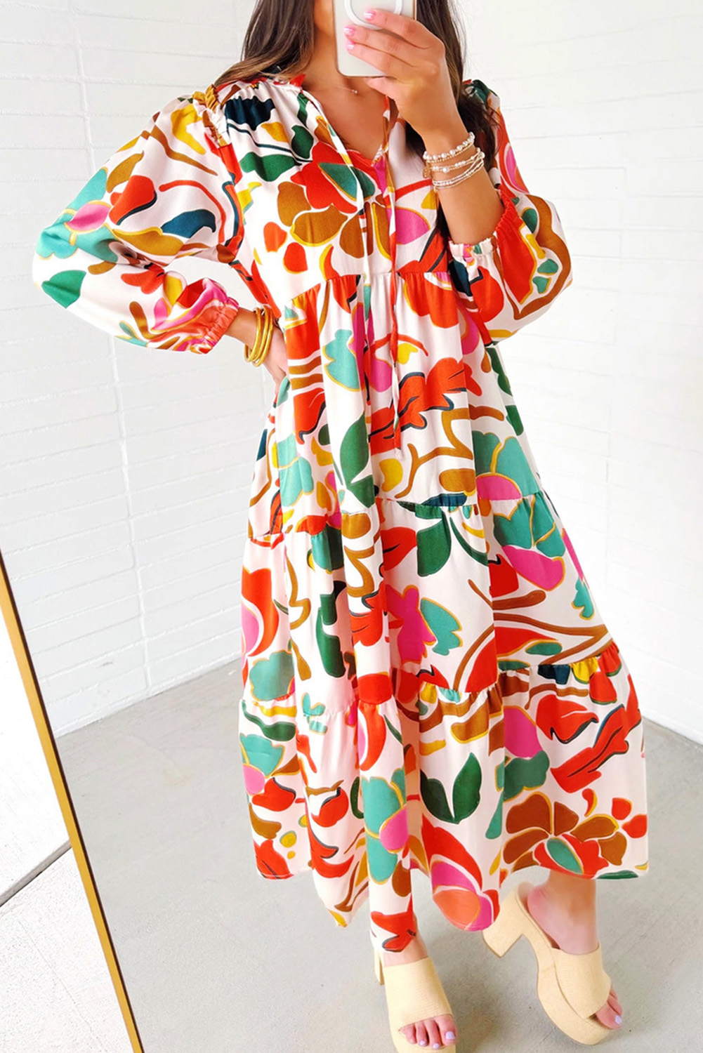 Orange Floral Print Split V Neck Tiered Maxi Dress - loveforevers