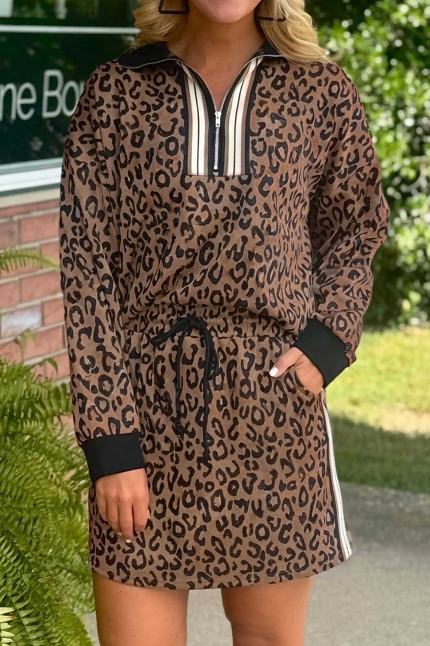 Khaki Leopard Print Quarter Zip Long Sleeve Top Mini Skirt Set - loveforevers