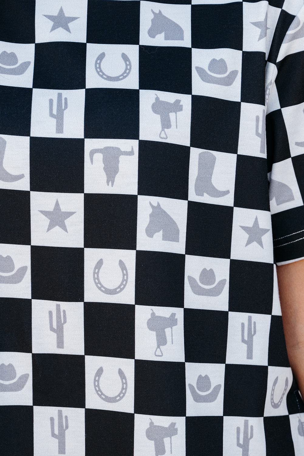 Black Western Fashion Checkerboard Print Side Split T Shirt - loveforevers