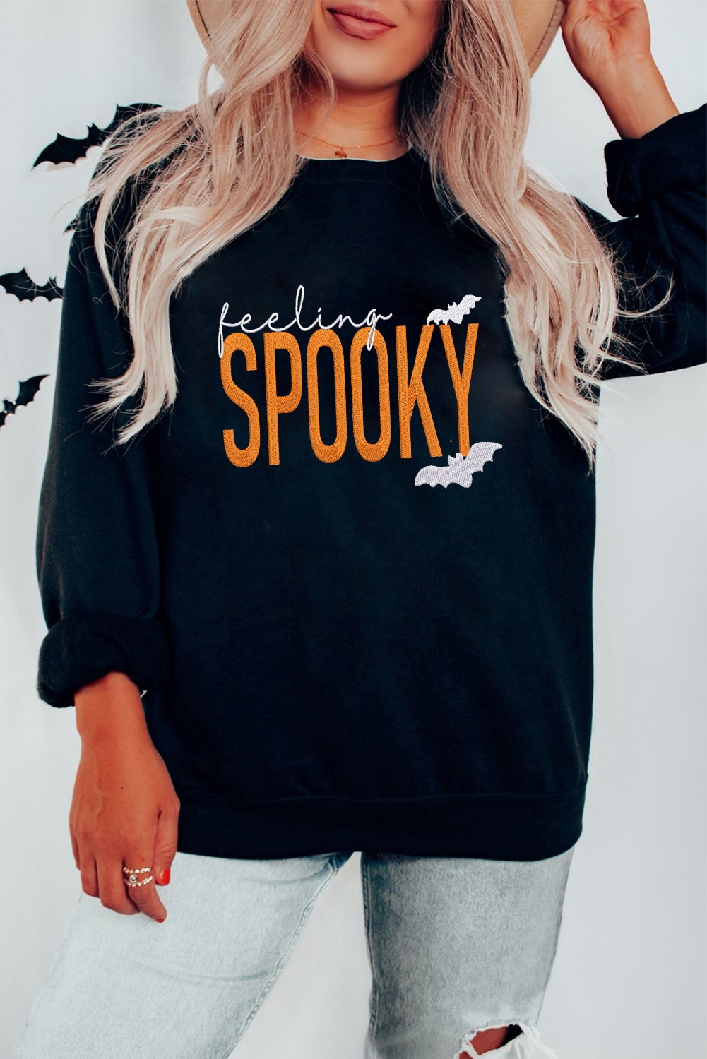 Black Feeling Spooky Halloween Embroidered Graphic Baggy Sweatshirt - loveforevers