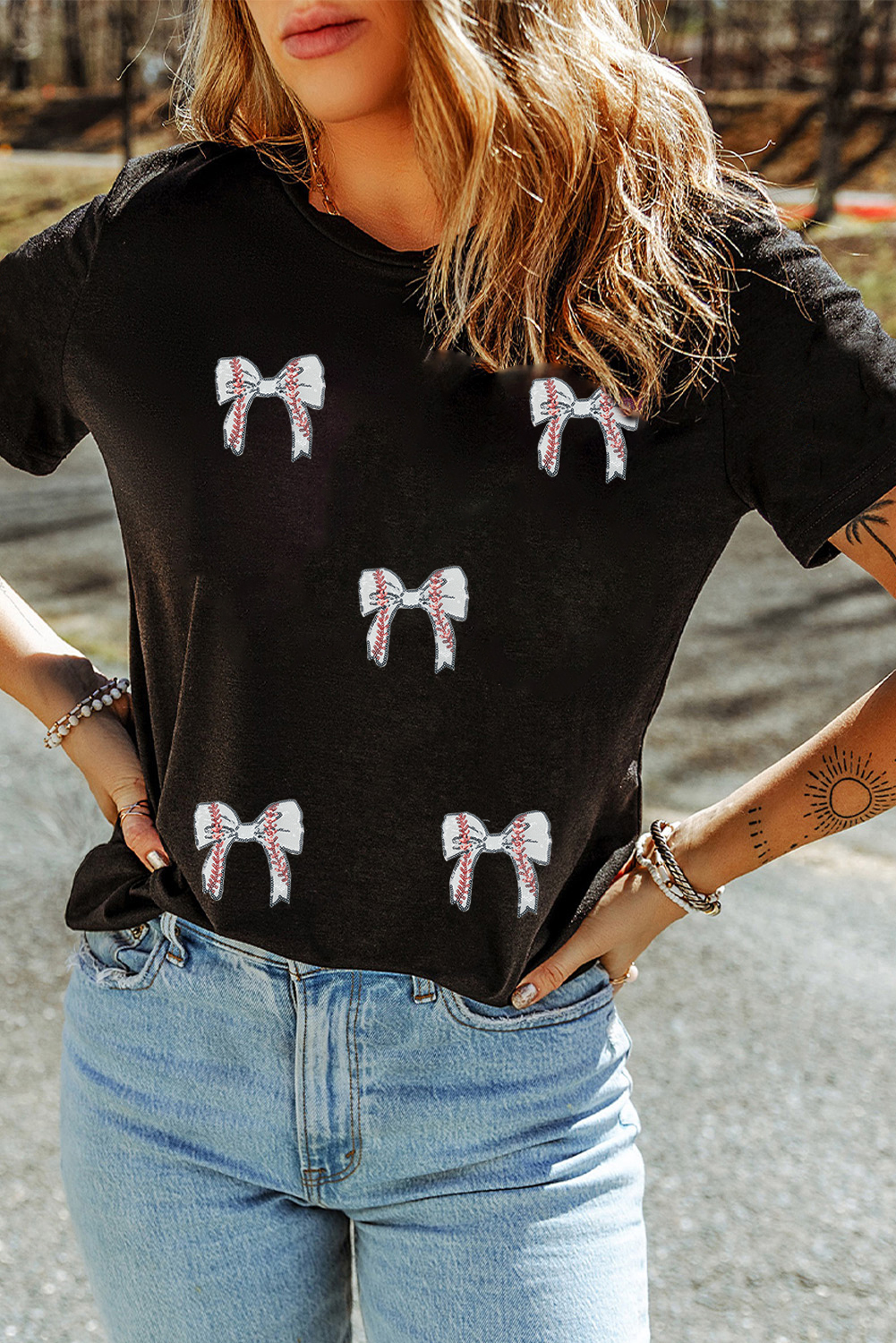 Black Glitter Baseball Bow Patched Cotton Blend T Shirt - loveforevers