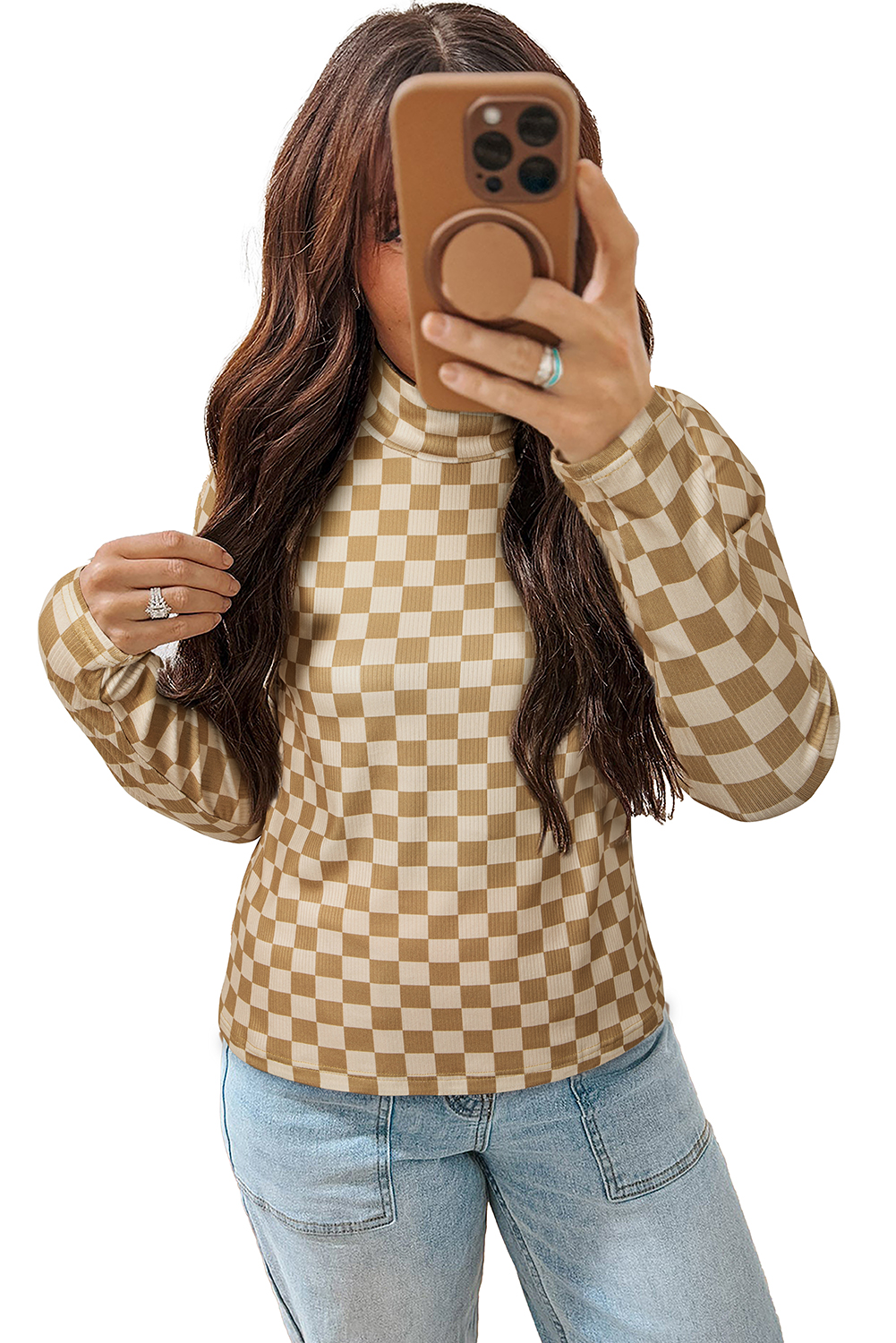 Khaki Check Pattern Turtleneck Ribbed Slim Long Sleeve Tee - loveforevers