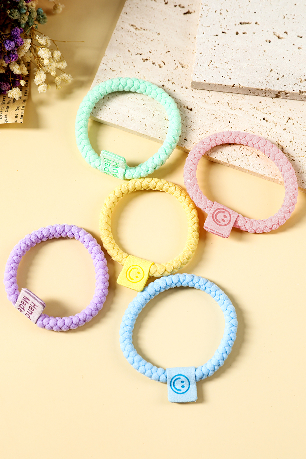 Pink 5Pcs Smile Face Tab Braided Hair Tie Set - loveforevers