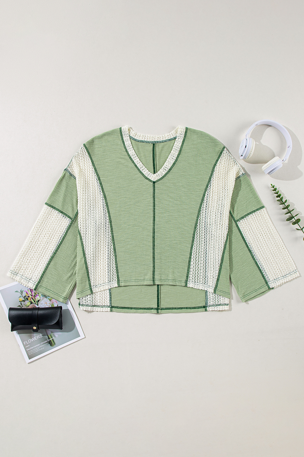 Grass Green Crochet Detail Exposed Seam High Low Loose Top - loveforevers