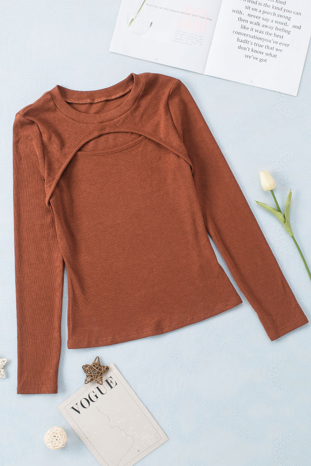 Brown Ribbed Peekaboo Cutout Long Sleeve Top - loveforevers