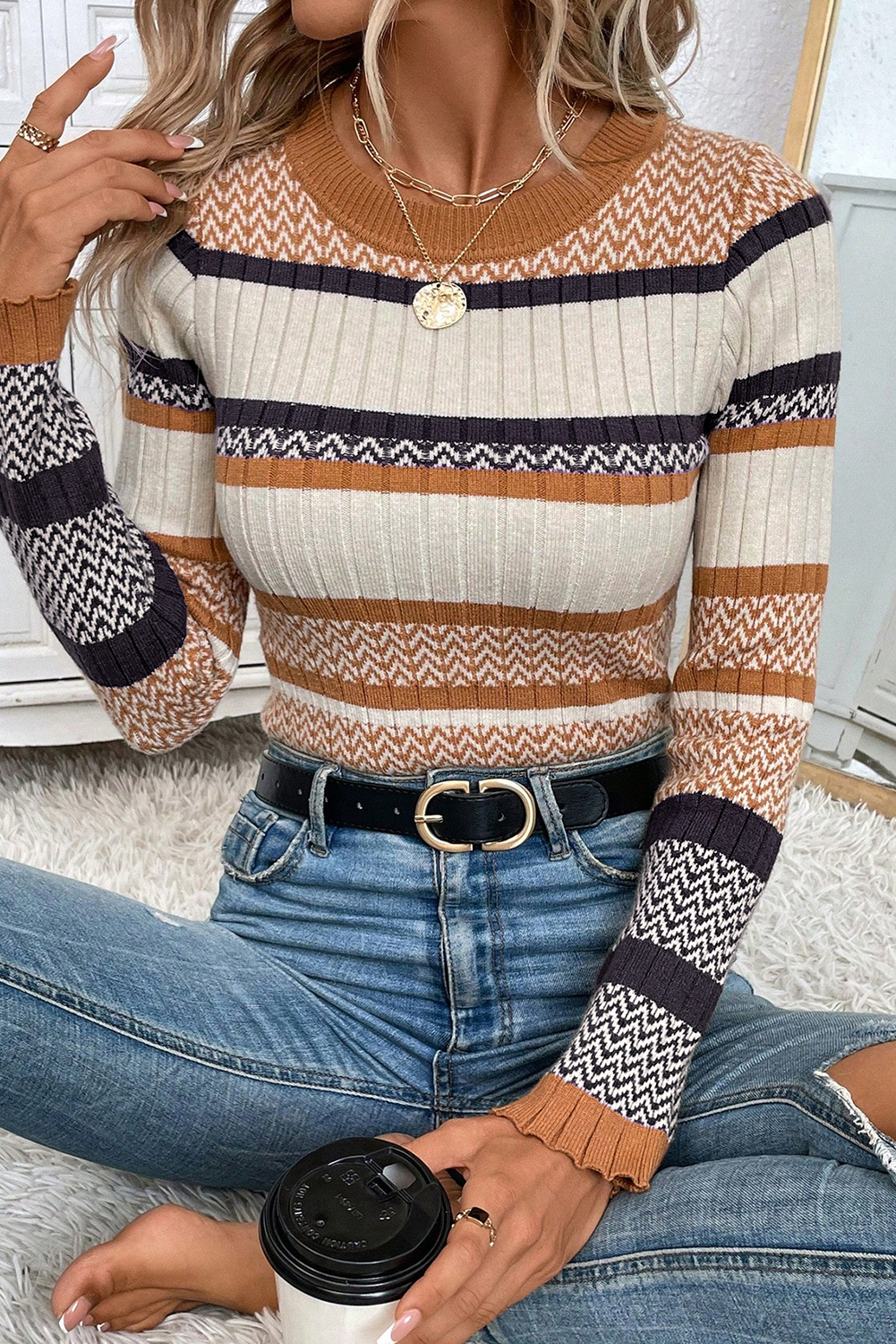 Brown Stripe Stylish Pattern Knitted Ribbed Trim Slim Sweater - loveforevers