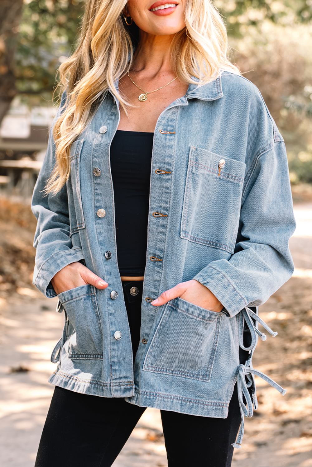 Beau Blue Multi Patched Pockets Side Tie up Boyfriend Style Denim Jacket - loveforevers