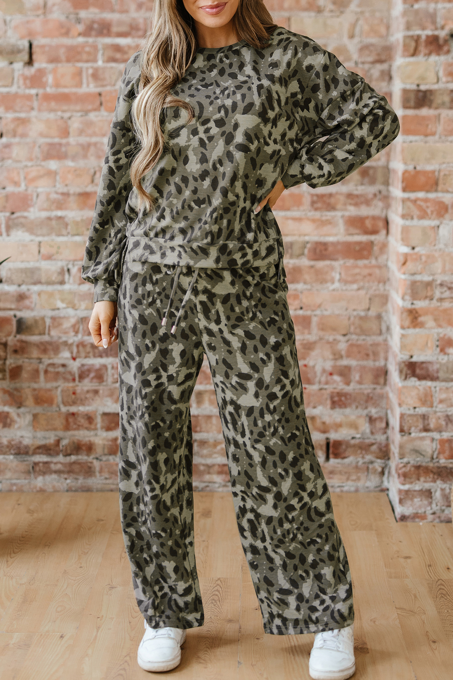 Brown Leopard Loose Tee Drawstring Waist Barrel Pants Set - loveforevers