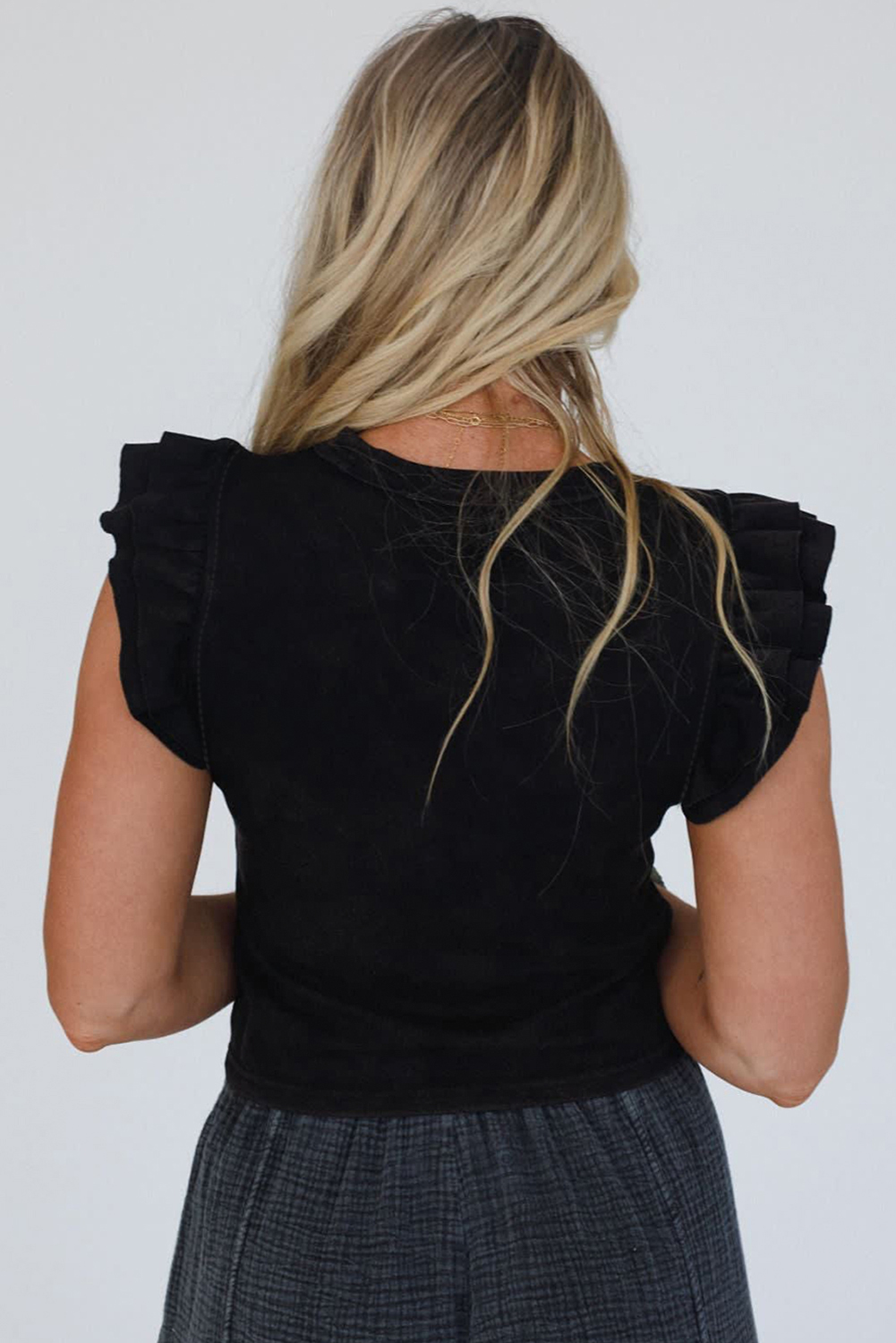 Black Ruffled Crew Neck Slim Fit Top - loveforevers