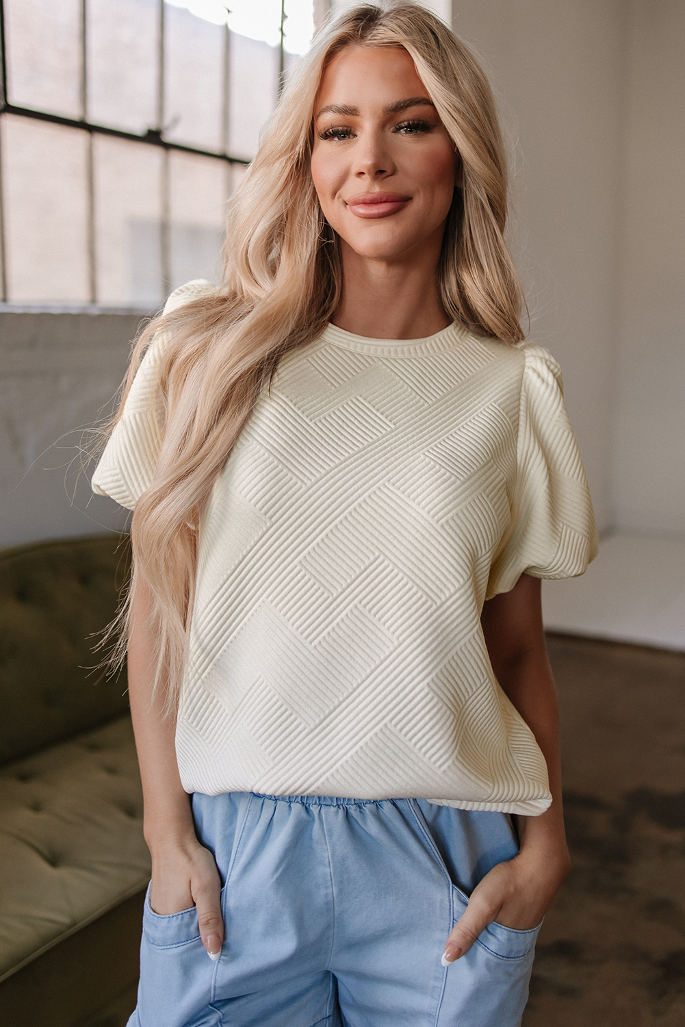 Oatmeal Textured Puff Sleeve T-shirt - loveforevers