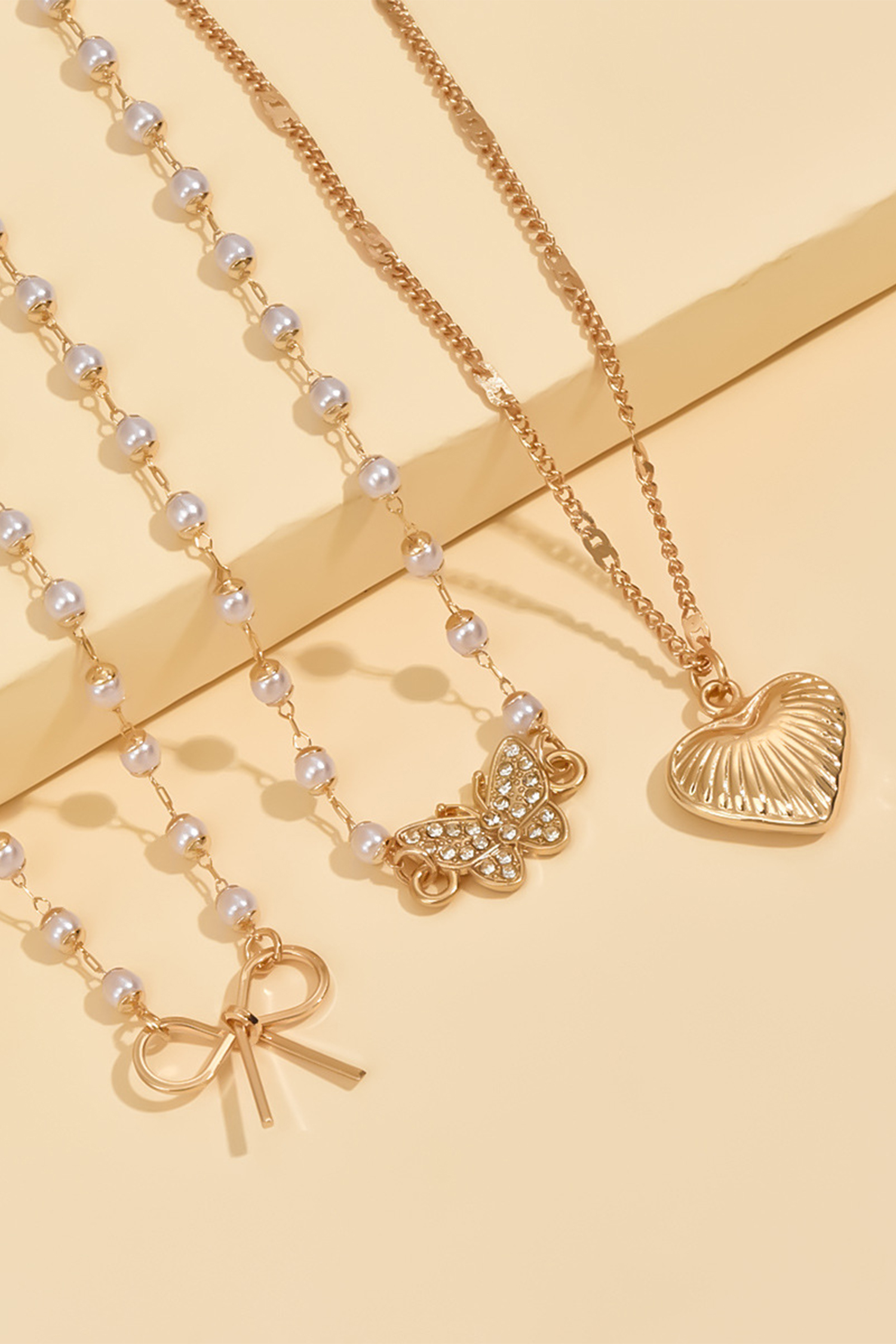 Gold Shell Heart Bow Butterfly Charm 3pcs Pearl Embellished Necklace Set - loveforevers