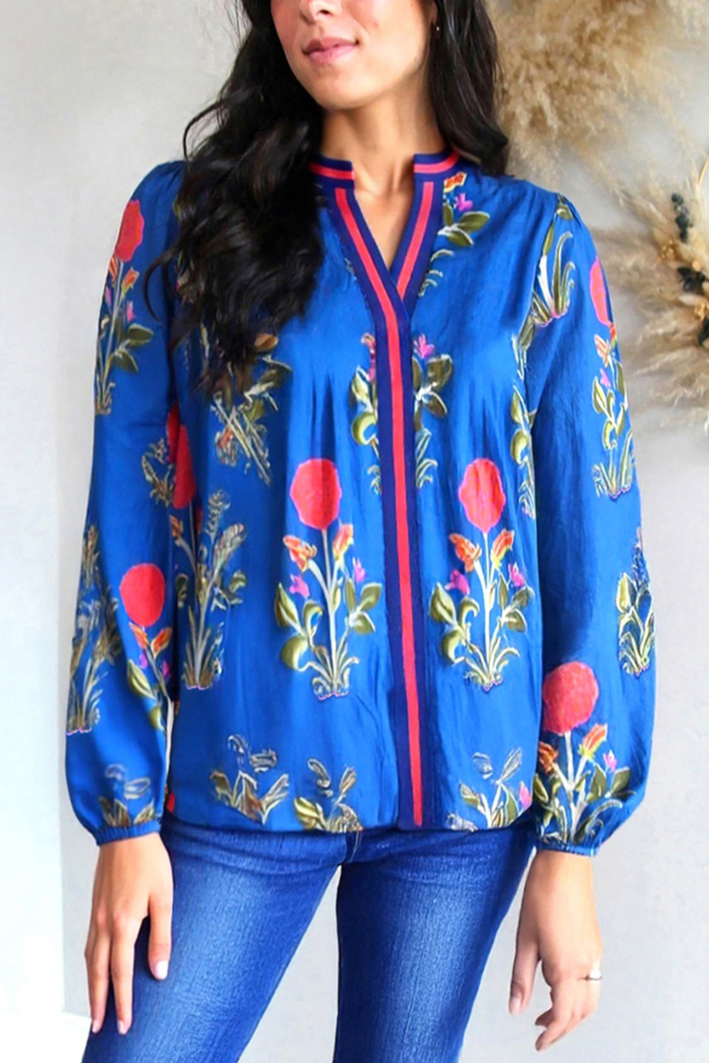 Blue Floral Print Contrast Striped Trim Notched Neck Long Sleeve Blouse - loveforevers