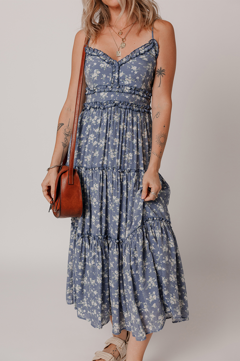 Blue Floral Spaghetti Strap Frilled V Neck Tiered Midi Dress - loveforevers