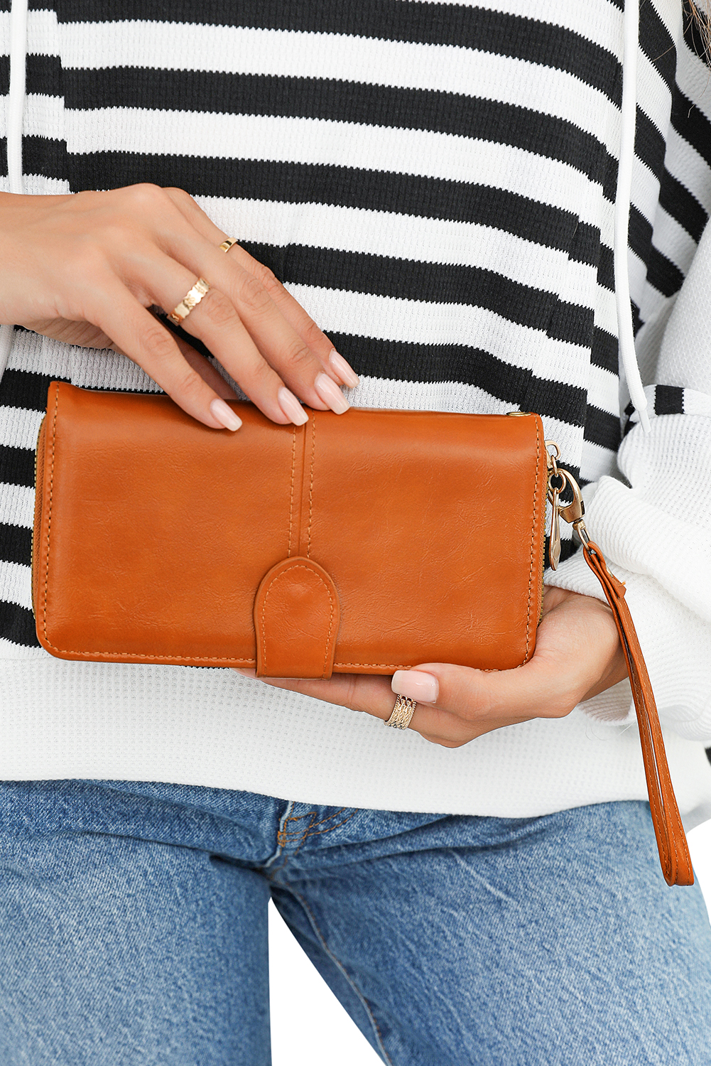 Cinnamon Faux Leather Zip Around Wrist Strap Long Wallet - loveforevers