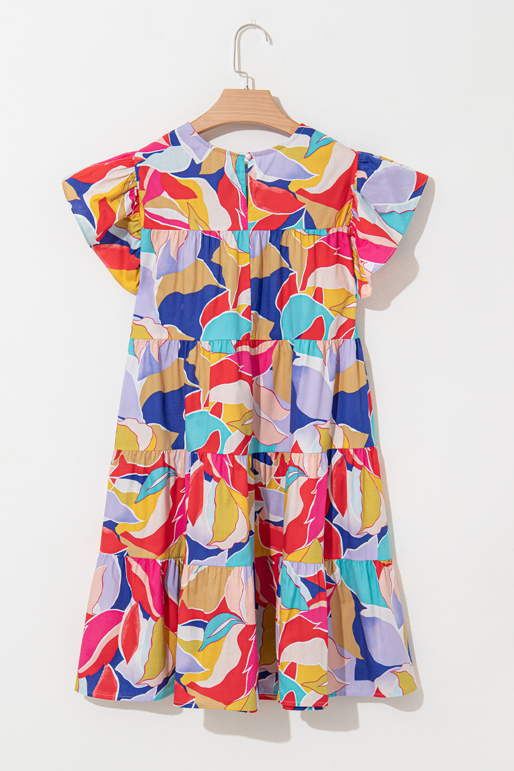 Pink Abstract Printed Ruffled Flutter Sleeve Tiered Mini Dress - loveforevers