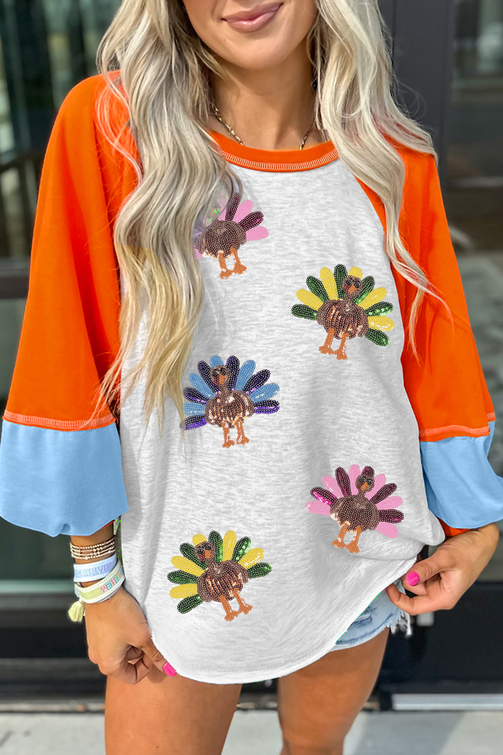 Light Grey Thanksgiving Turkey Sequin Graphic Color Block Long Raglan Sleeve Top - loveforevers