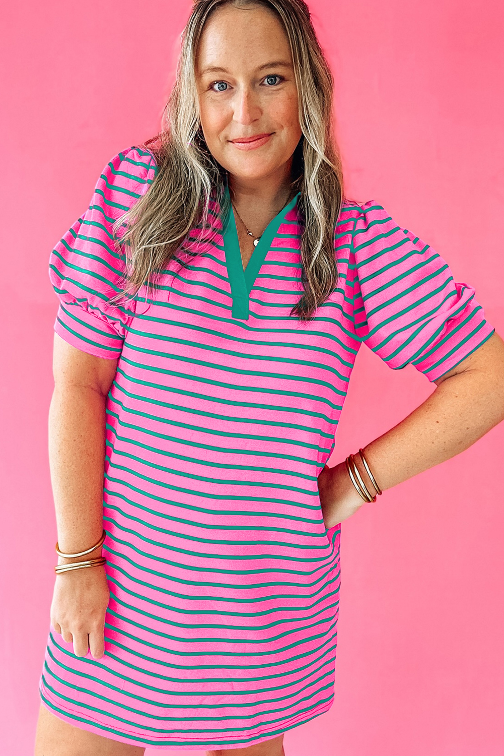 Pink Stripe Collared V Neck Puff Sleeve T Shirt Dress - loveforevers