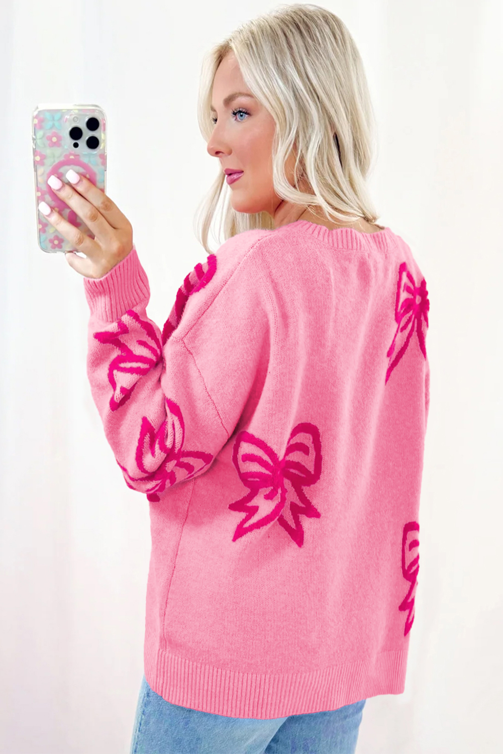 Golden Fleece Bow Pattern Drop Shoulder Loose Sweater - loveforevers