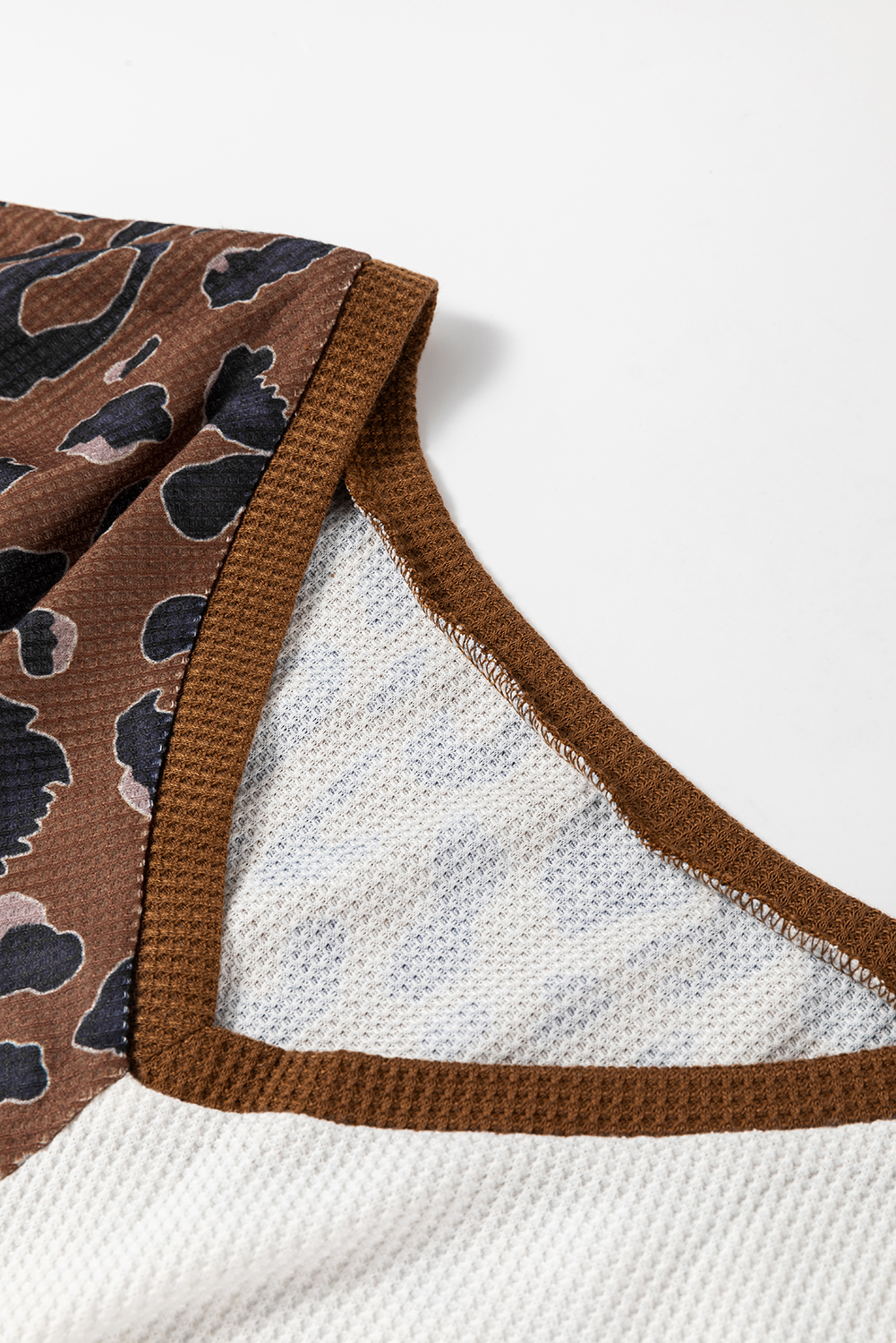 Brown Leopard Contrast Waffle Knit Twist Hem V Neck Top - loveforevers
