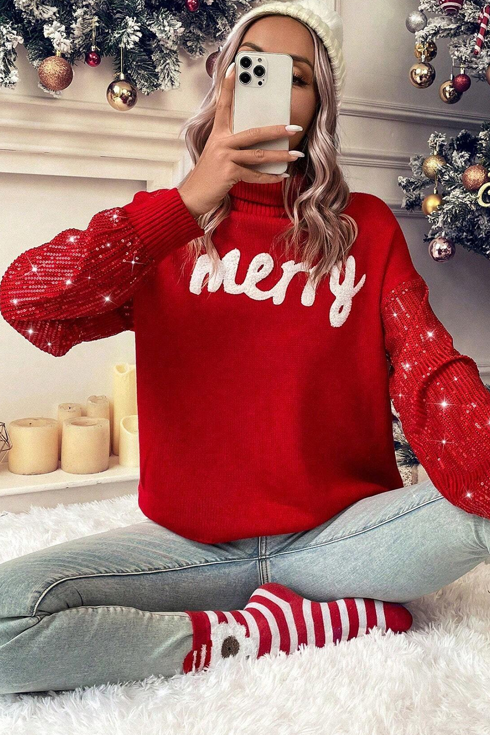 Racing Red Merry Graphic Sequin Sleeves Christmas Turtleneck Sweater - loveforevers