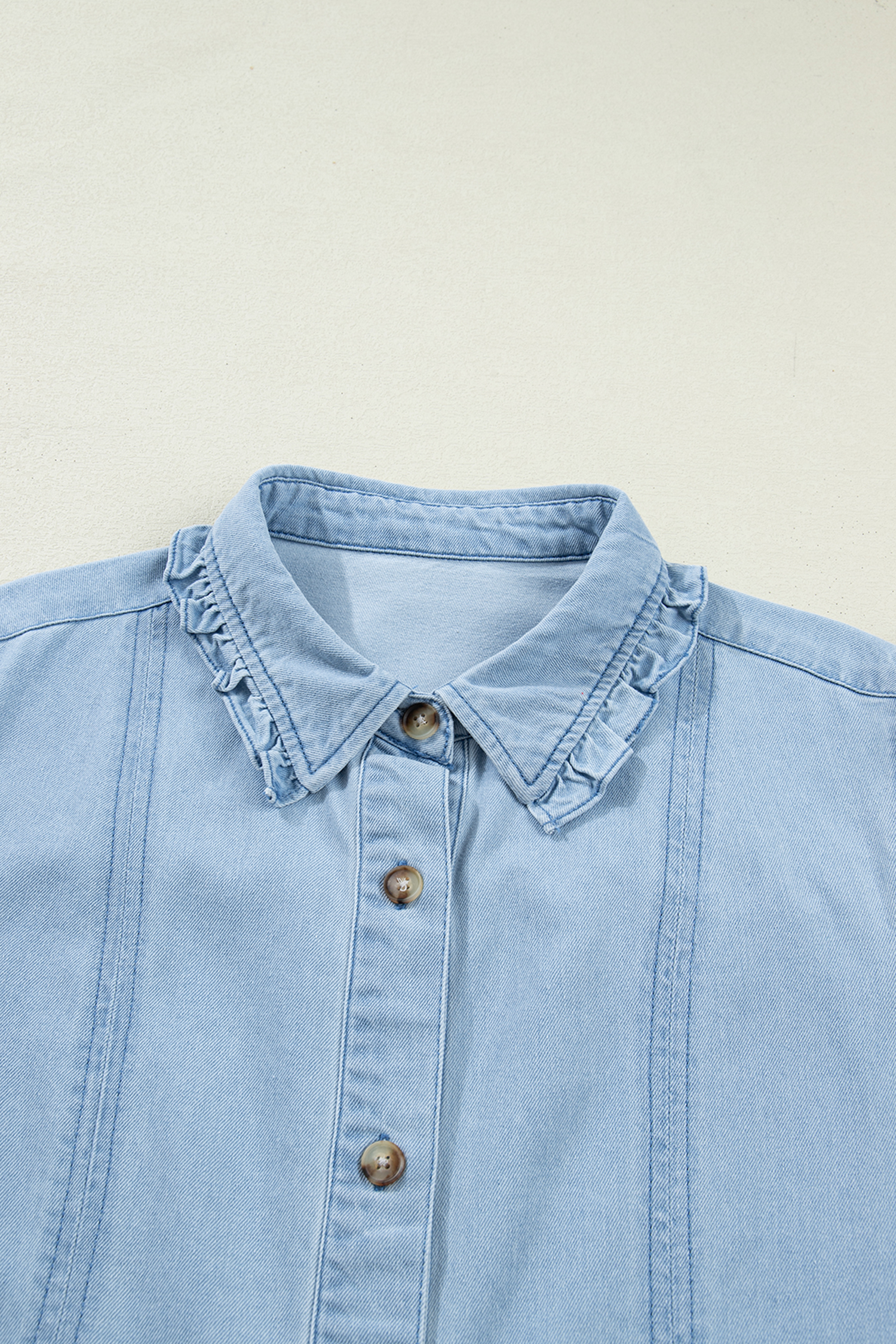 Beau Blue Ruffled Edge Collared Shift Denim Dress with Pockets - loveforevers
