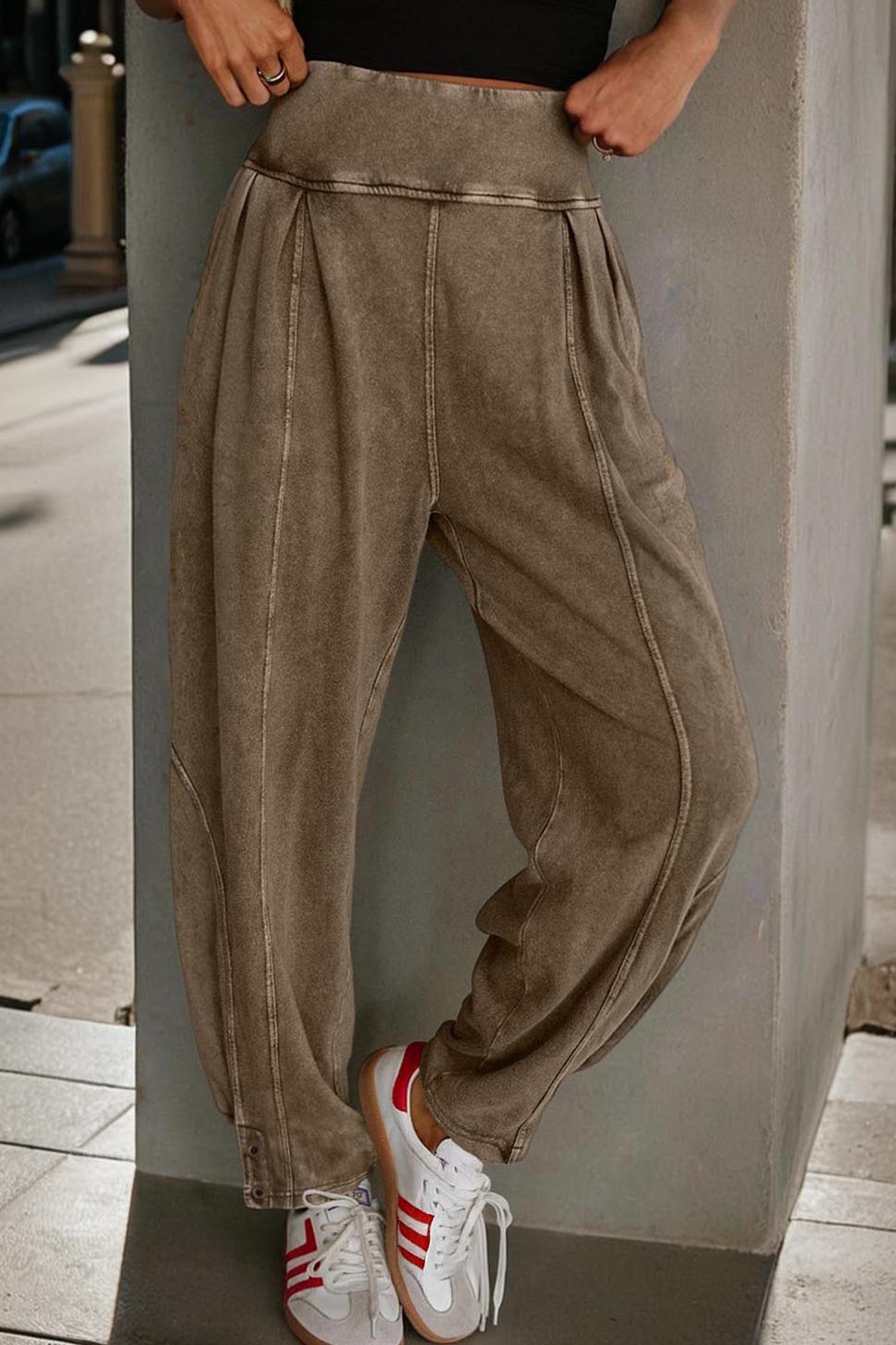 Medium Grey Mineral Wash Jogger Style High Waist Casual Pants - loveforevers