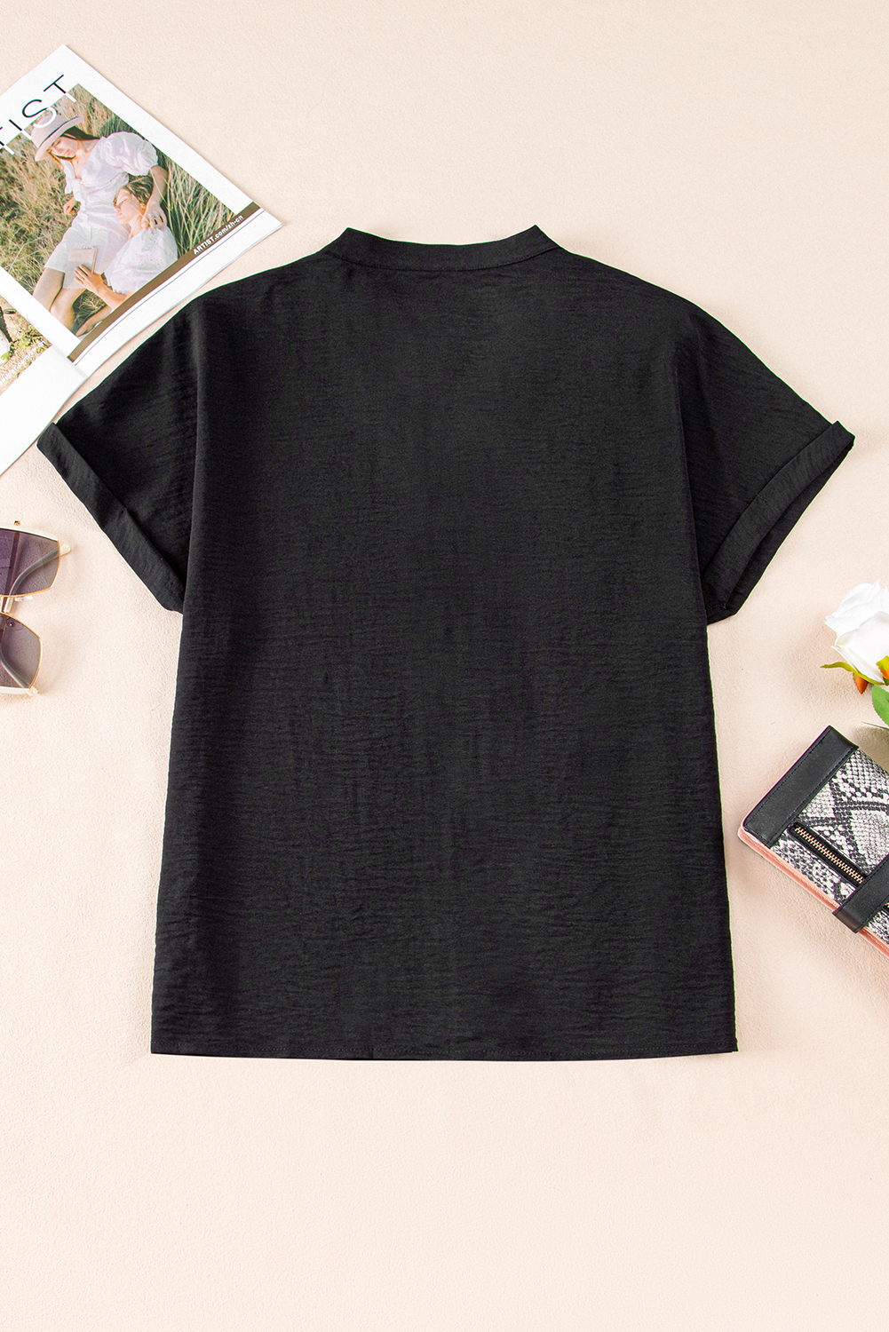 Black Notched Neck Batwing Sleeve Lightweight Blouse - loveforevers