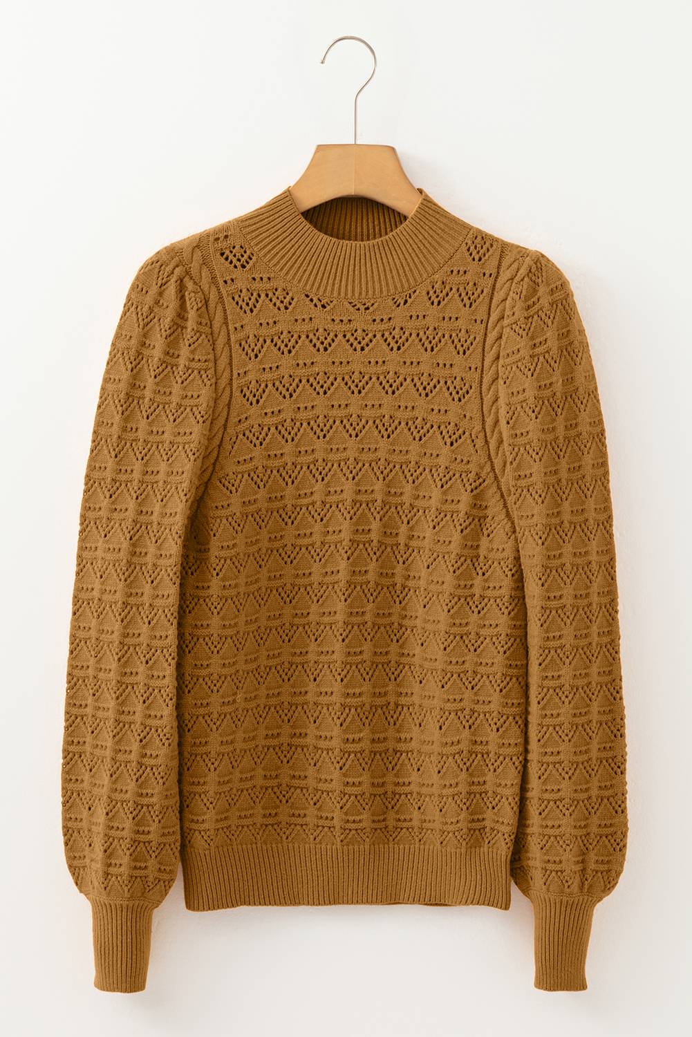 Jurassic Gold Hollow Out Crochet Ribbed Edge Balloon Sleeve Sweater - loveforevers