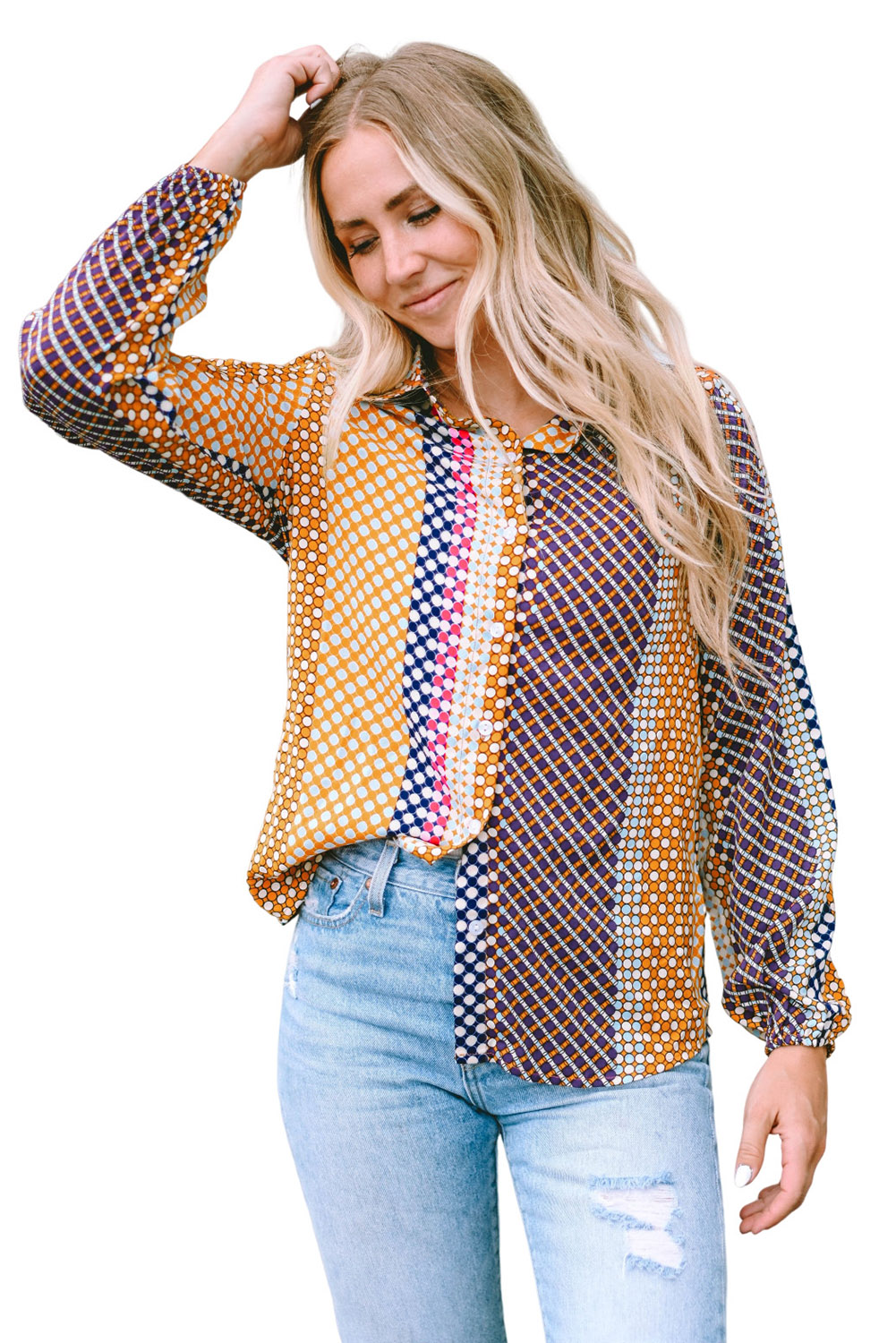 Brown Dot Print Long Sleeve Button Down Shift Shirt - loveforevers