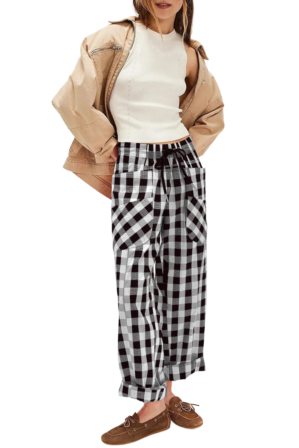 Black Checkered Print Double Pocketed Drawstring Casual Pants - loveforevers