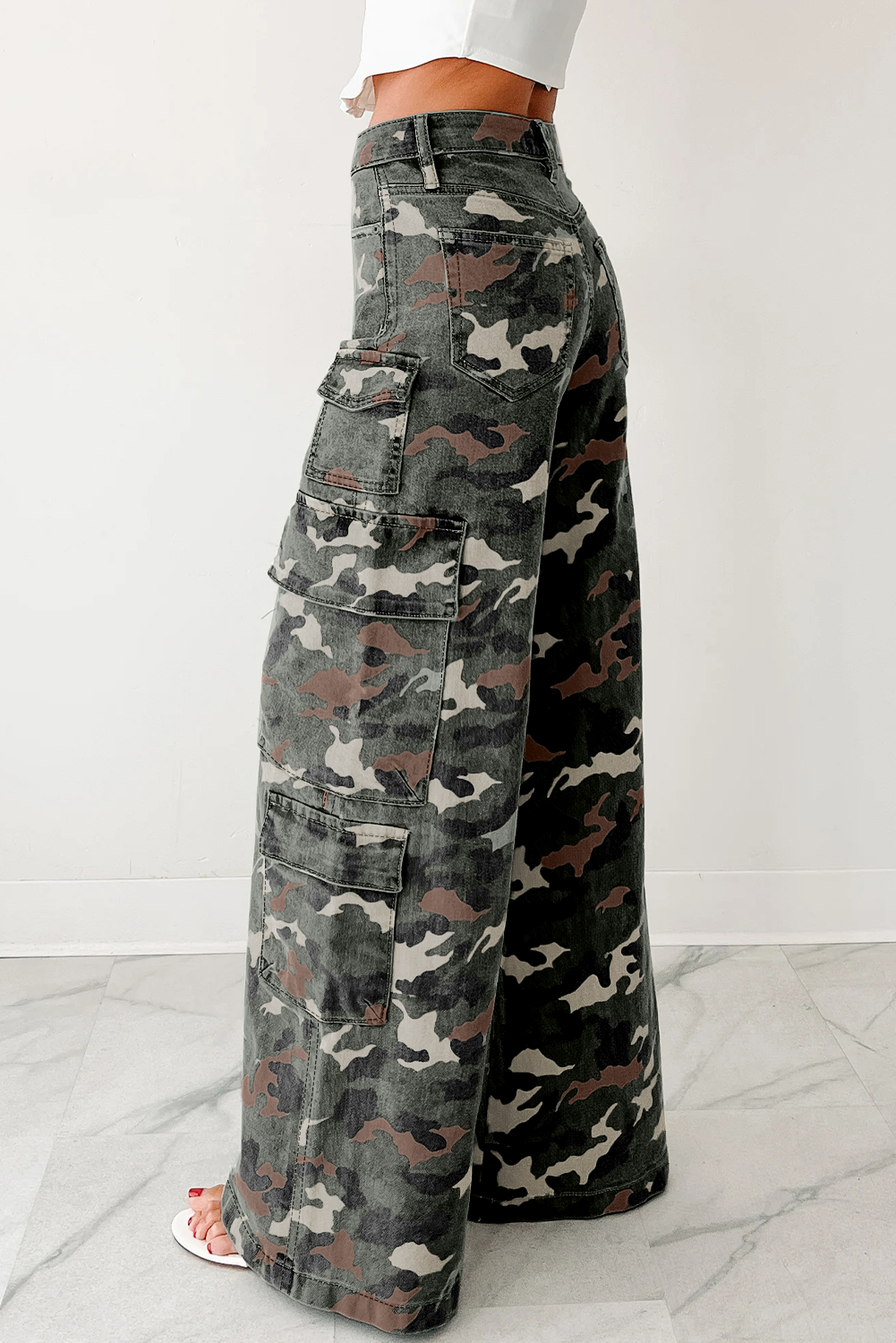 Green Camo Denim Cargo Wide Leg Pants - loveforevers