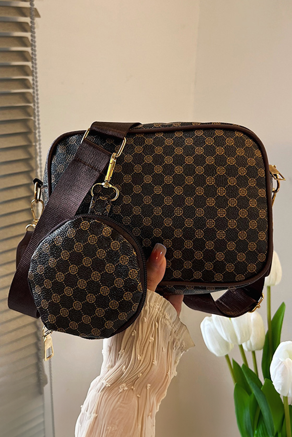Coffee Checkered Print PU Leather Shoulder Bag with Coin Wallet - loveforevers