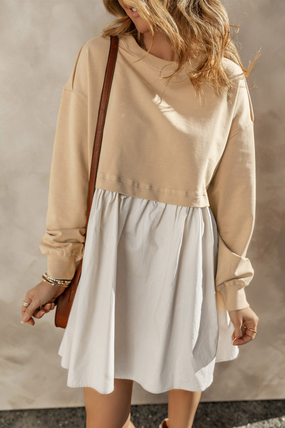 Pale Khaki Sweatshirt Poplin Mini Dress - loveforevers