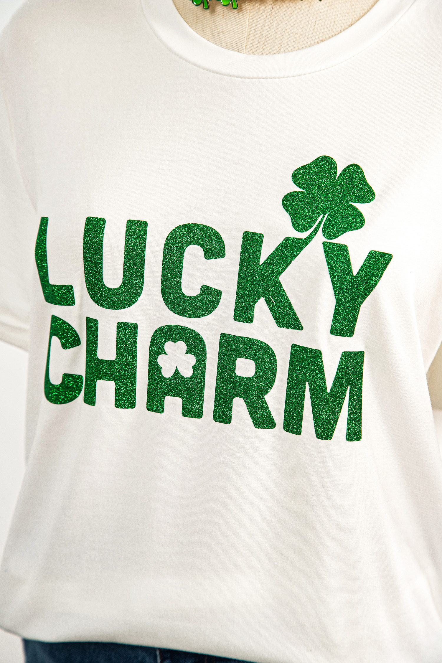 White LUCKY CHARM Shimmery Print St Patricks Day Clover T Shirt - loveforevers