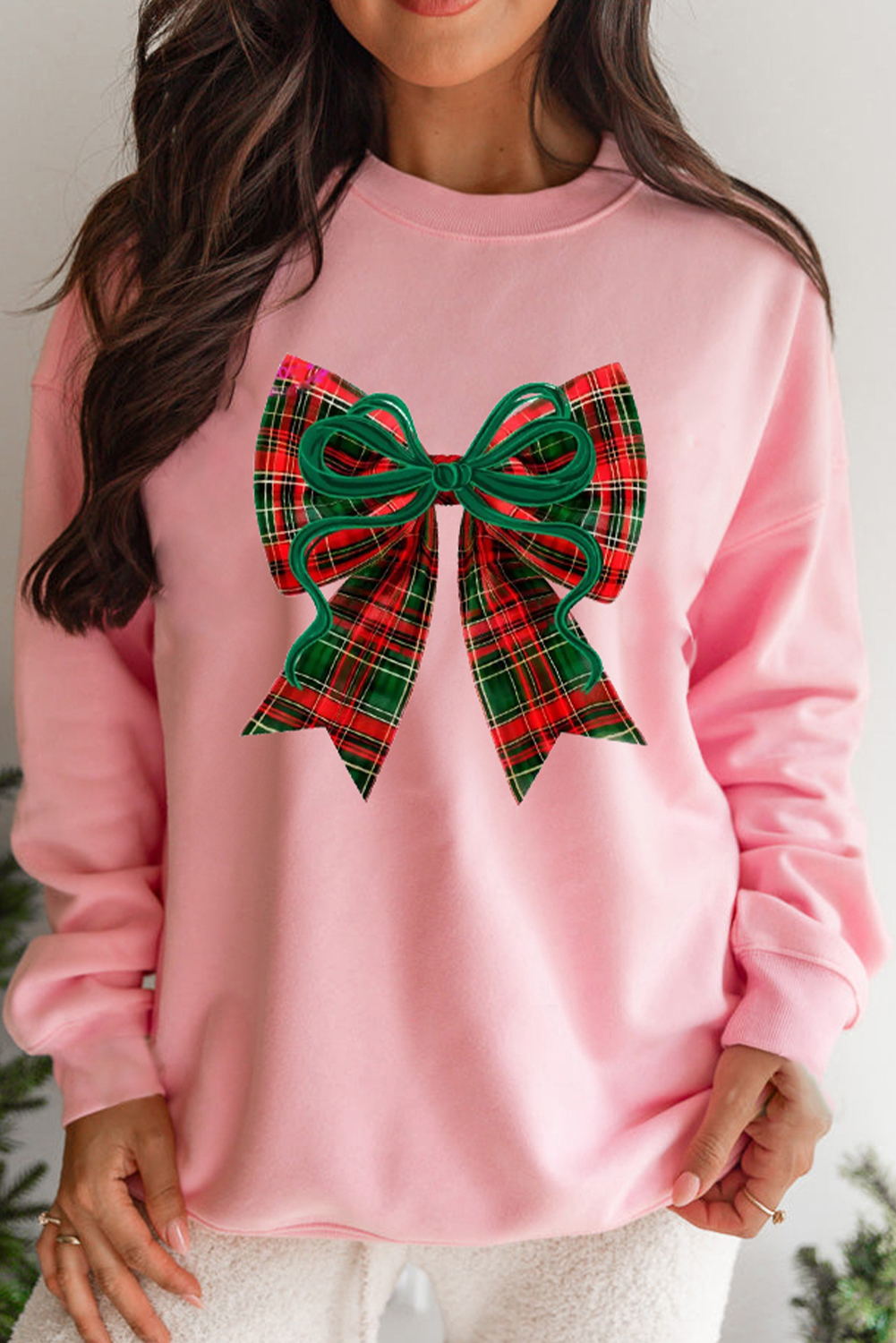 Pink Plaid Bow Christmas Vibe Print Sweatshirt - loveforevers