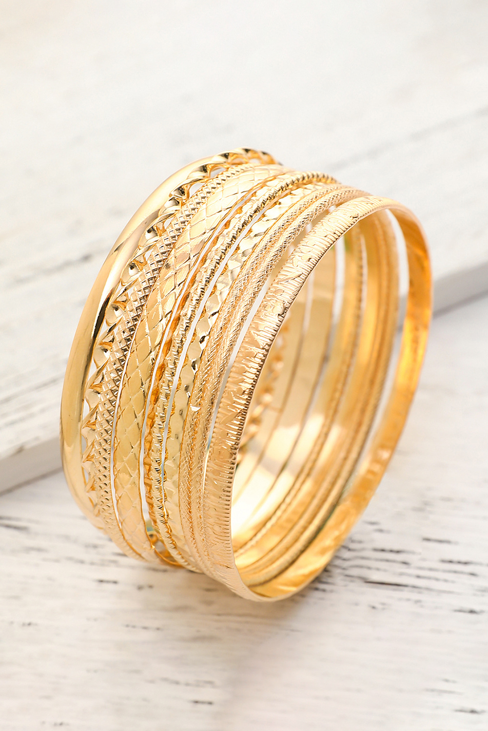 Gold 10pcs Textured Twisted Stackable Alloy Bracelet Set - loveforevers