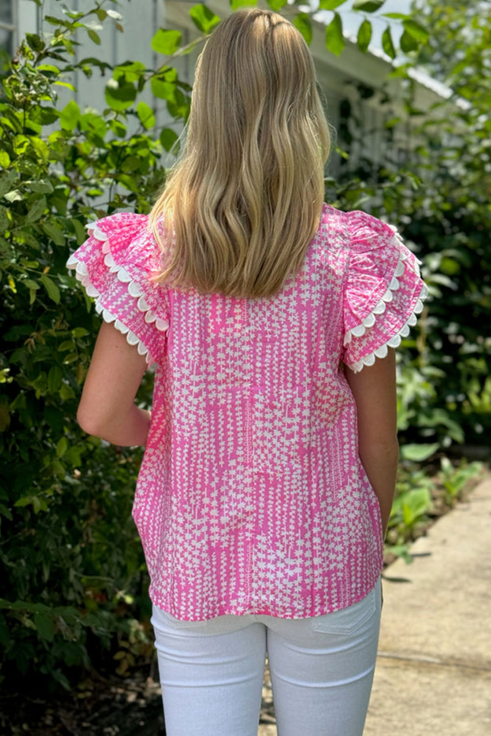 Pink Abstract Print Ric Rac Trim Flutter Sleeve Notch V Neck Blouse - loveforevers