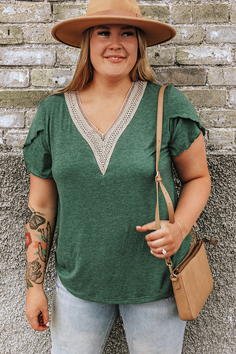 Blackish Green Plus Size Embroidery V Neck Draped Sleeve Blouse - loveforevers