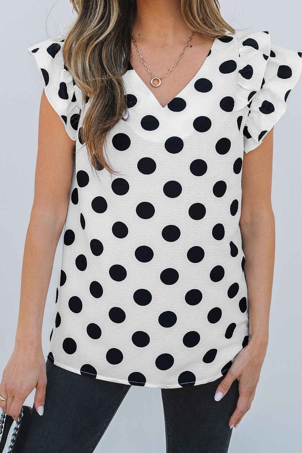 Black Polka Dot Print Ruffled Sleeve V Neck Blouse - loveforevers