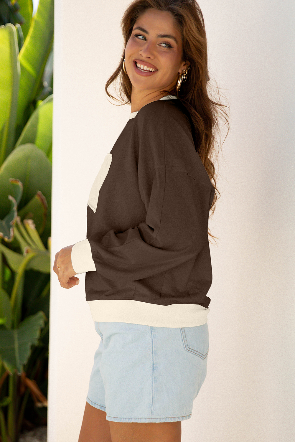 Beige Raw Edge Flower Patch Drop Shoulder Casual Top - loveforevers