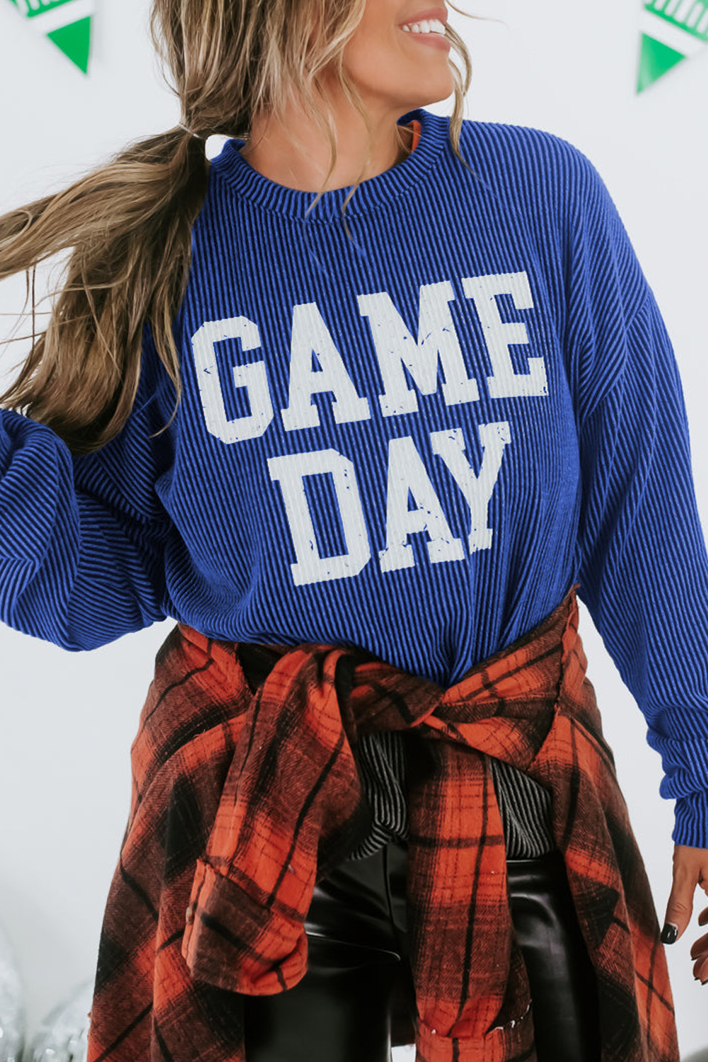 Bluing Corded GAME DAY Graphic Long Sleeve Crewneck Top - loveforevers