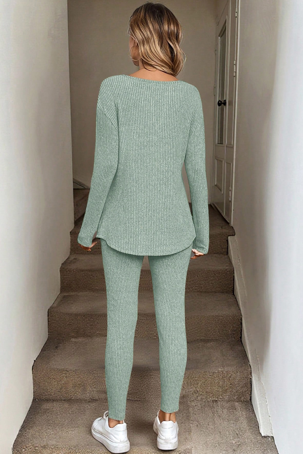Black Ribbed Notched Neck Knit Long Sleeve Leggings Two Pieces Lounge Set - loveforevers