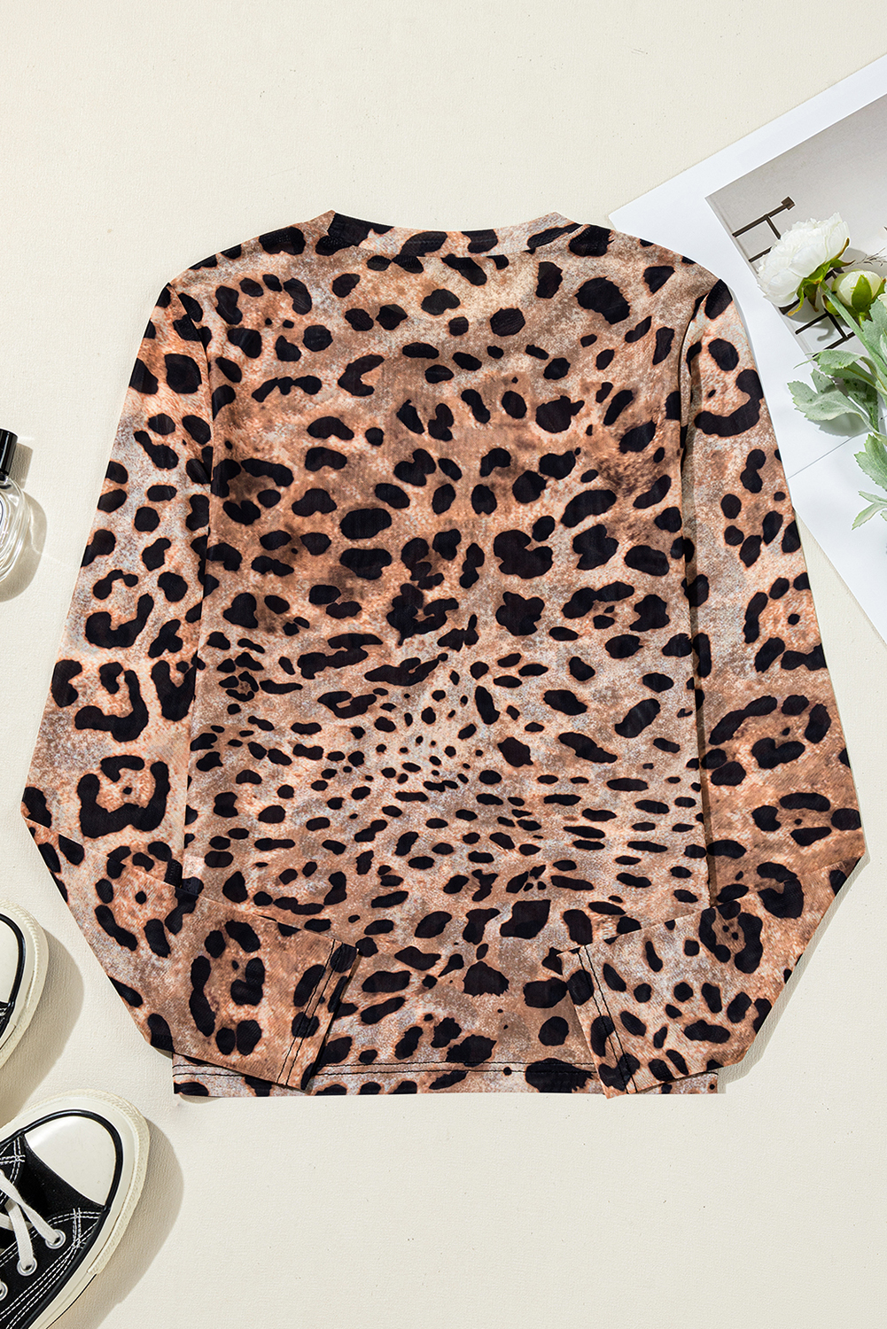Brown Leopard Round Neck Long Sleeve Slim Top - loveforevers