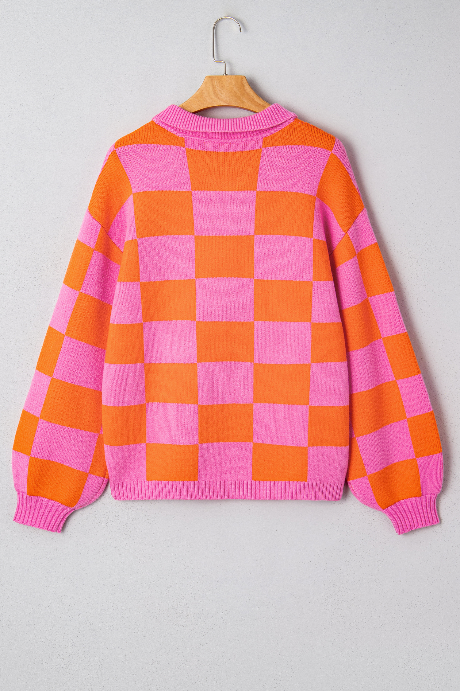 Sachet Pink Checkered Knit Polo Collar Baggy Sweater - loveforevers