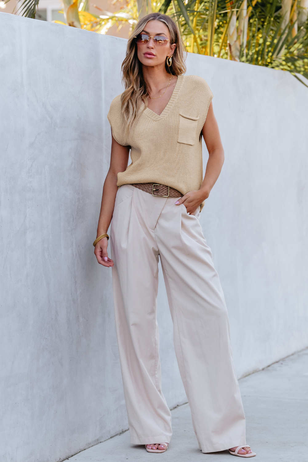 Apricot Chest Pocket V Neck Ribbed Cap Sleeve Sweater - loveforevers
