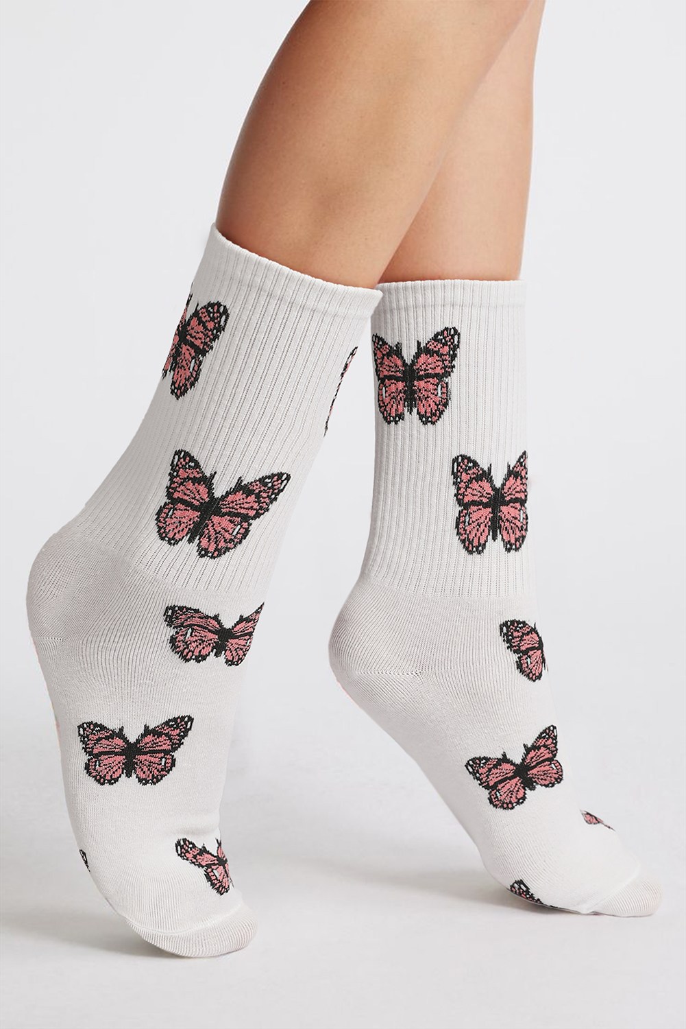 White Butterfly Pattern Ribbed Edge Soft Crew Socks - loveforevers