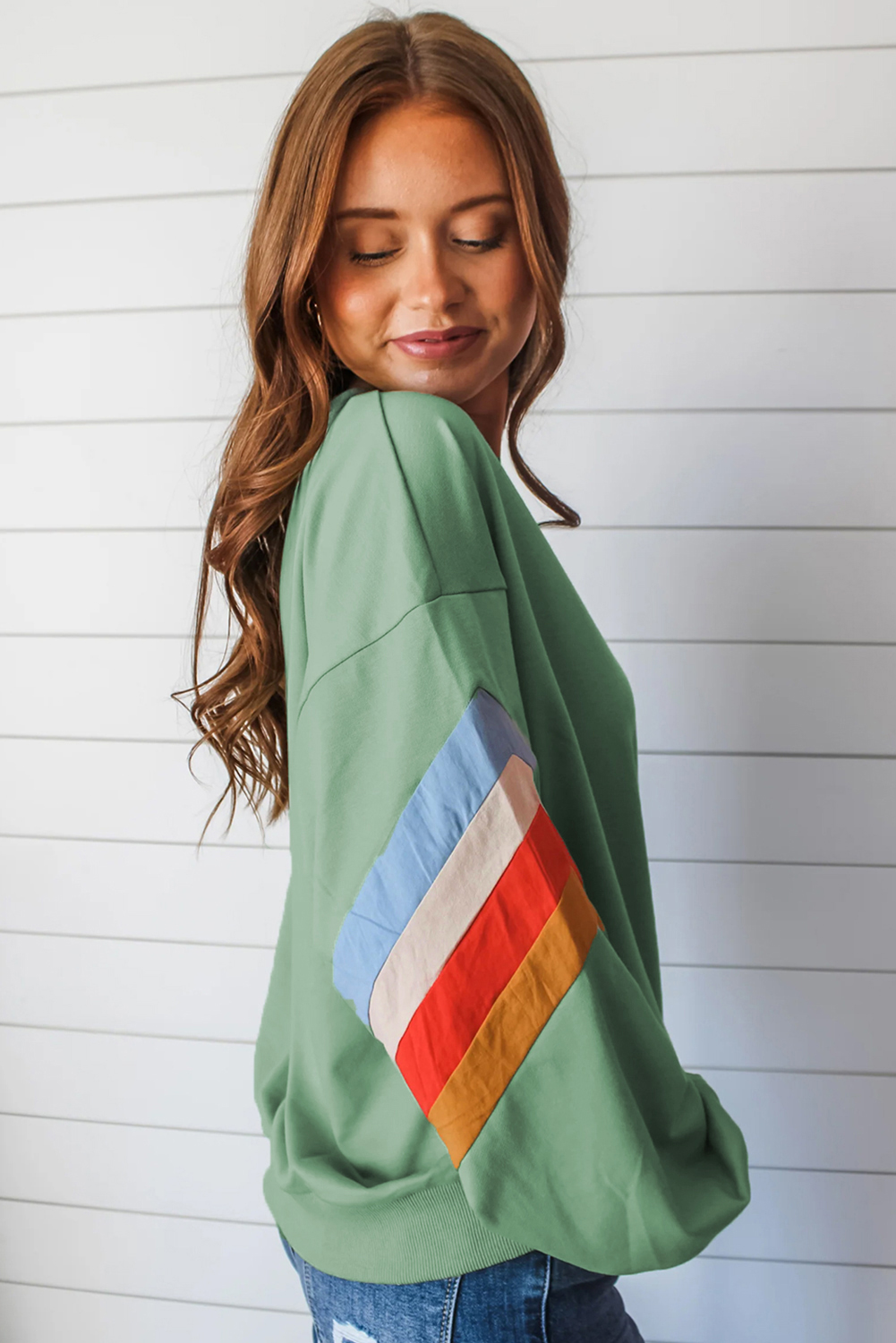 Moonlight Jade Rainbow Striped Sleeve Crew Neck Loose Sweatshirt - loveforevers
