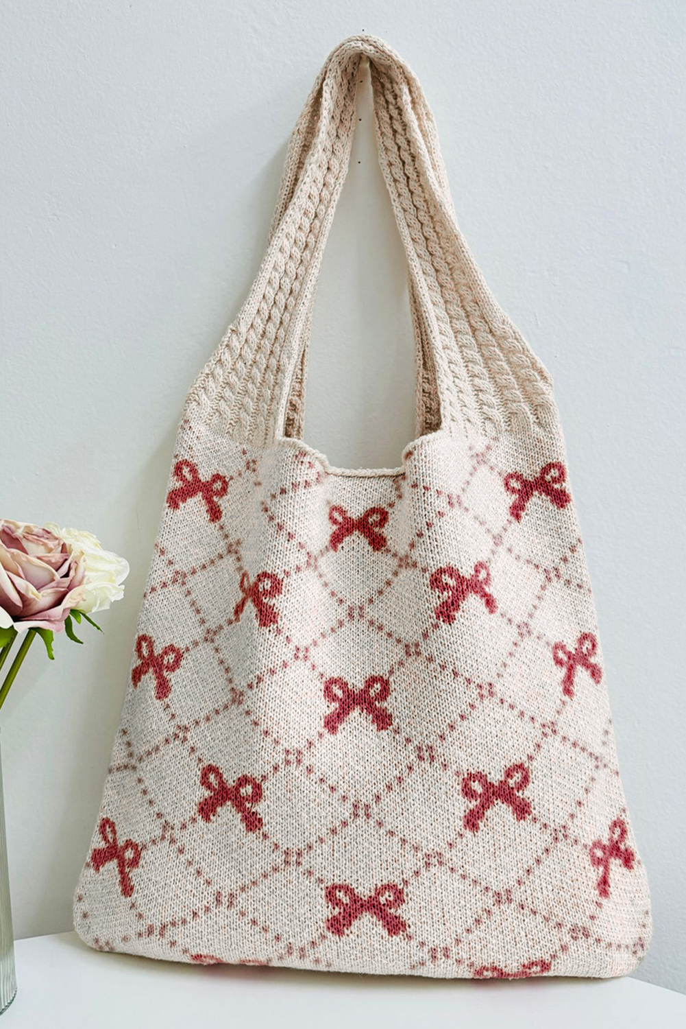 Fiery Red Bow Argyle Pattern Cable Knit Handle Tote Bag - loveforevers