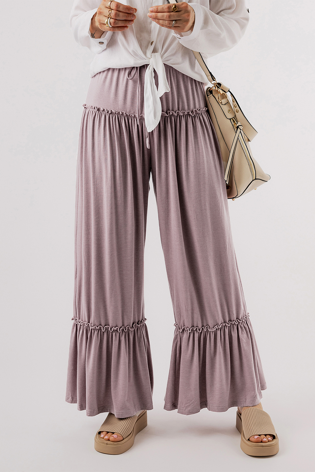 Khaki Frilled Drawstring High Waist Wide Leg Pants - loveforevers