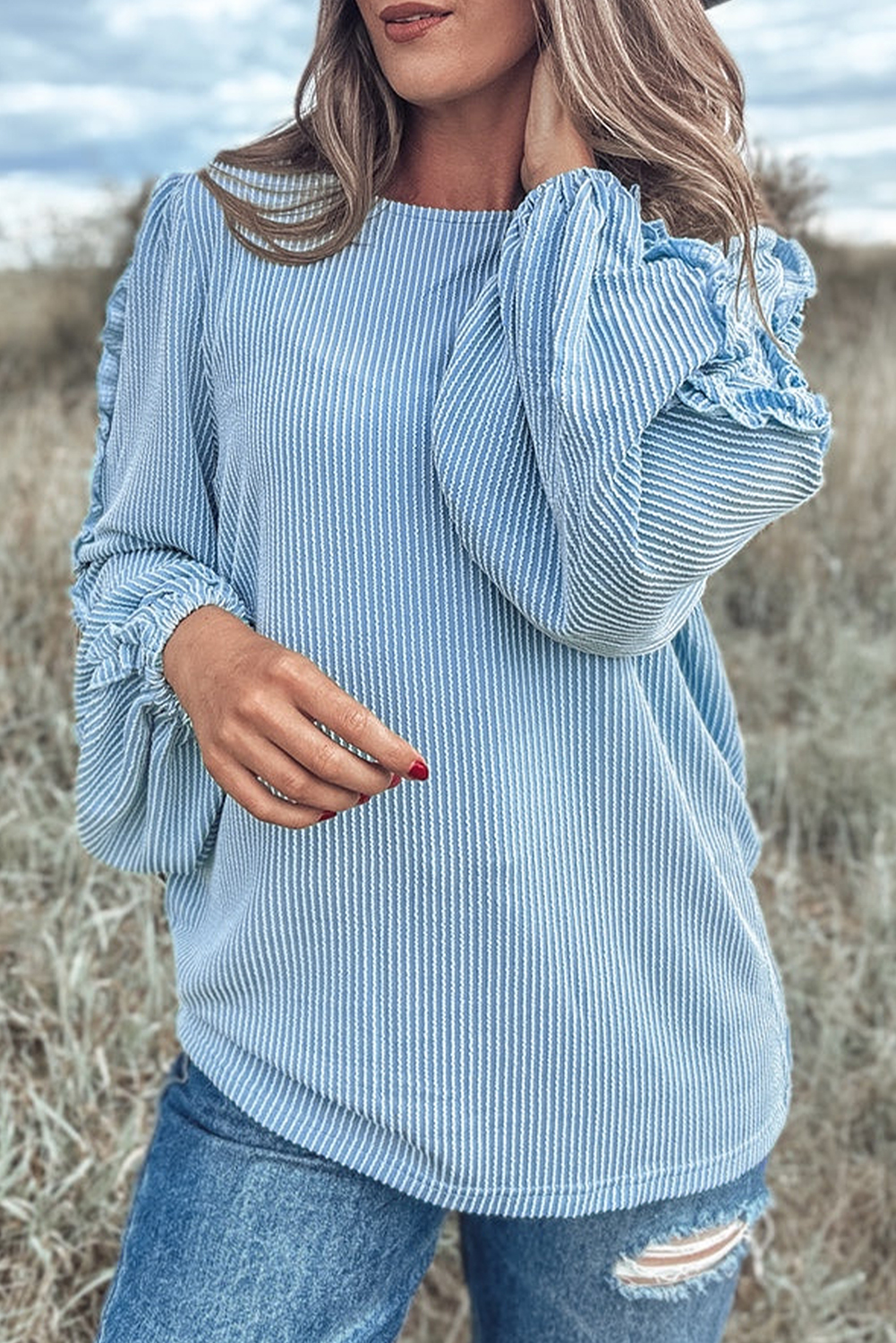 Mist Blue Corded Frilly Puff Sleeve Round Neck Blouse - loveforevers